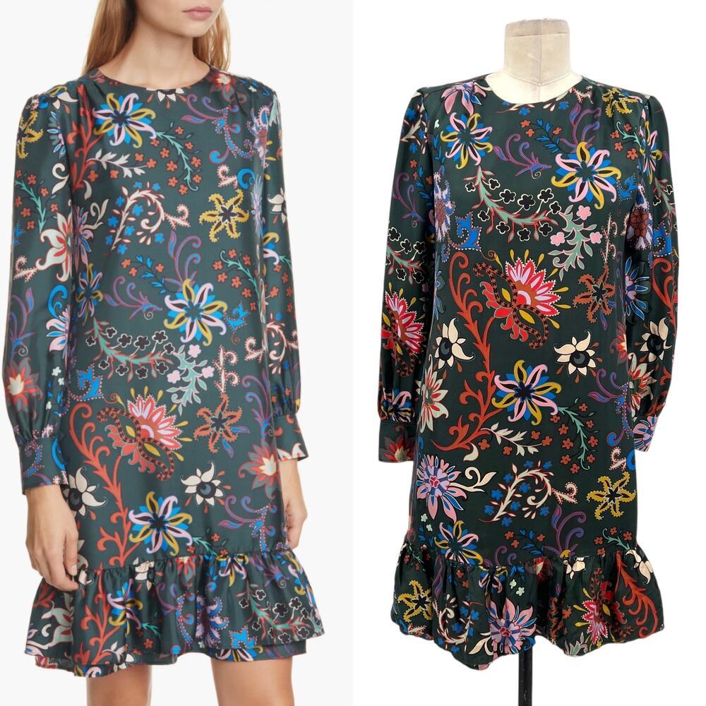 Tory Burch Floral Longsleeve Silk Twill Shift Dress Black Mountain Floral Size 0